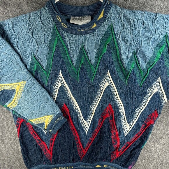 COOGI Blues Australia Sweater Heavyweight Blue Green Geometric Large Cotton REAL - Picture 1 of 16